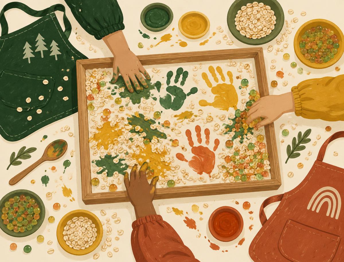 Illustrated messy play tray with handprints, oats and water beads