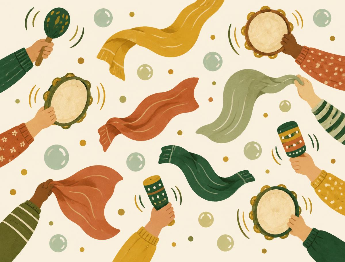 Illustrated shakers, tambourines, floating scarves and bubbles