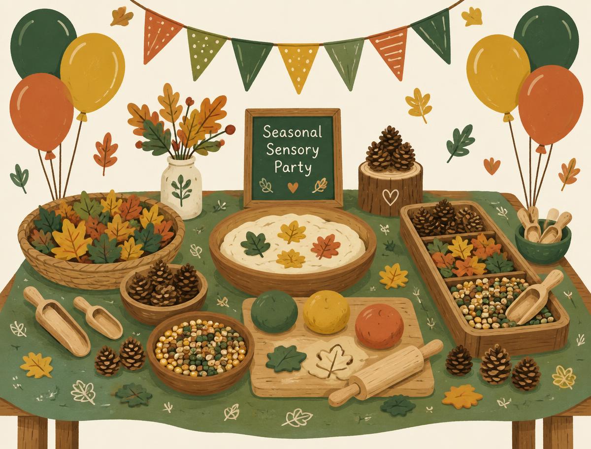 Illustrated seasonal sensory party table with leaves, pinecones and dough