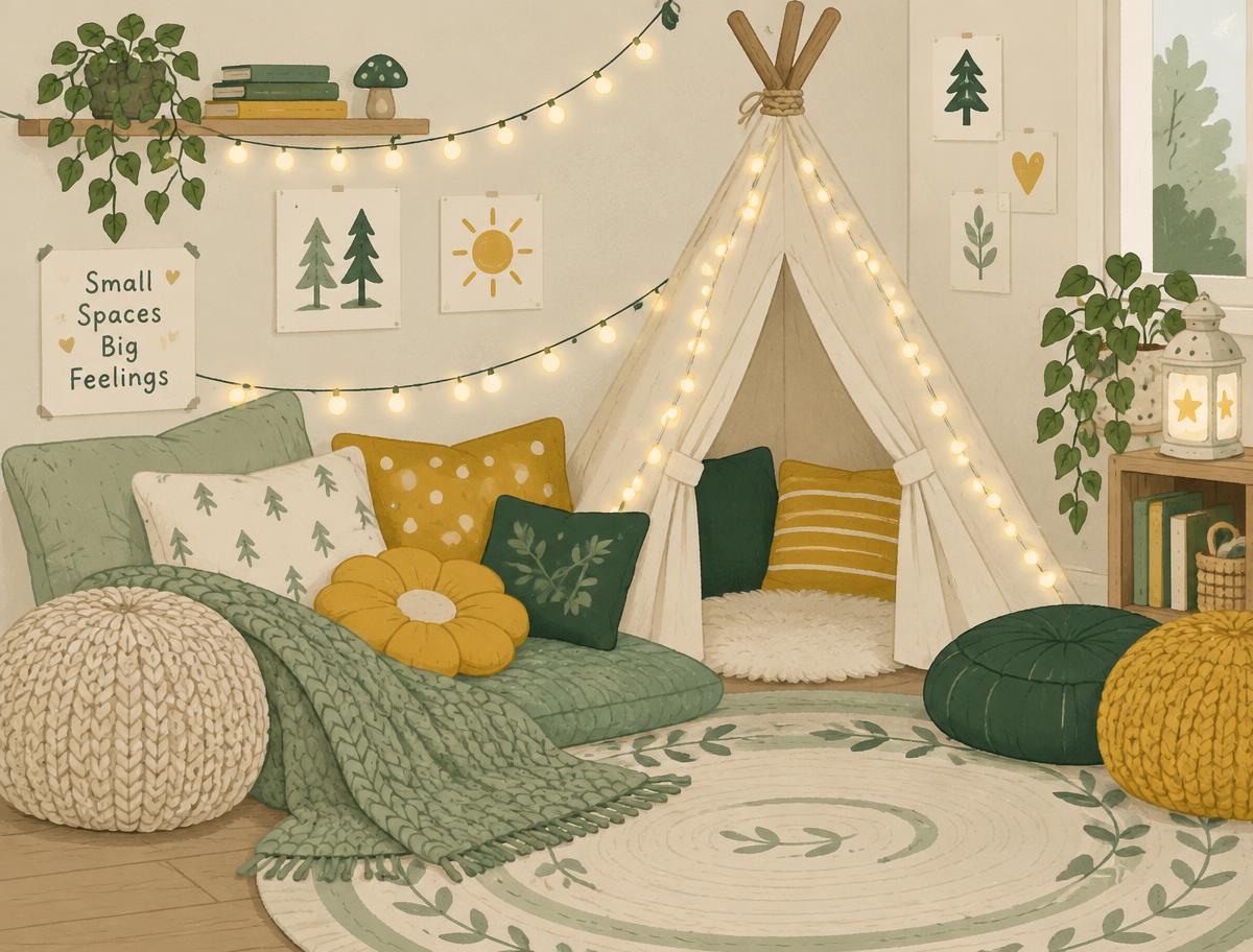 Illustrated quiet sensory corner with cushions, fairy lights and a small tent