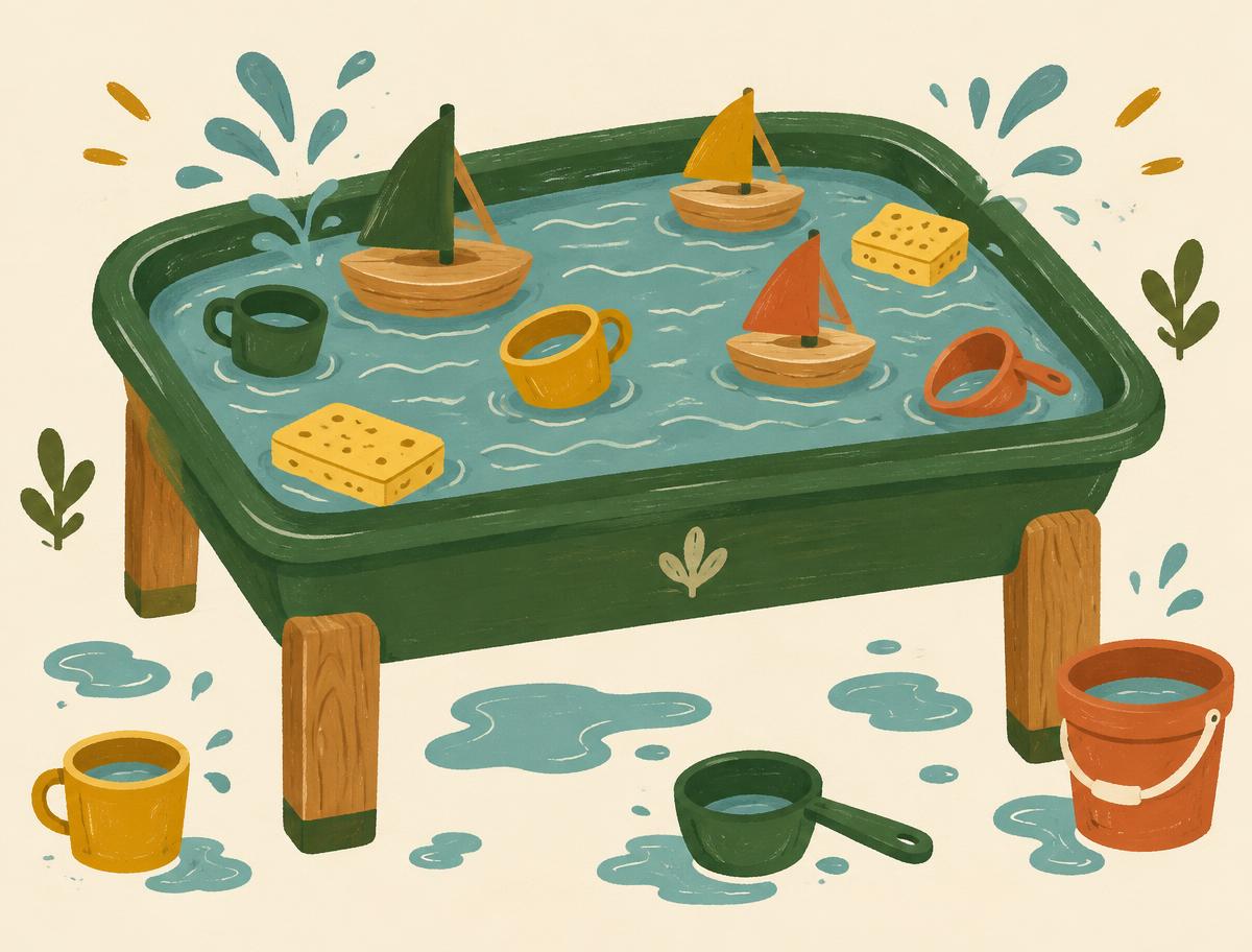 Illustrated water play table with wooden boats, cups and sponges
